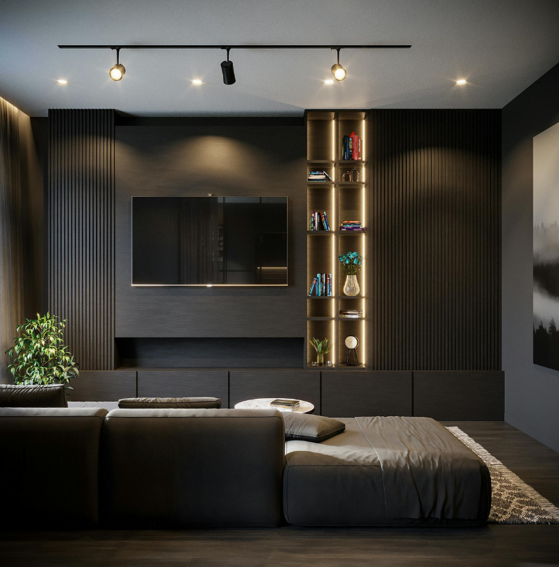 Sala com painel ripado e estante iluminada